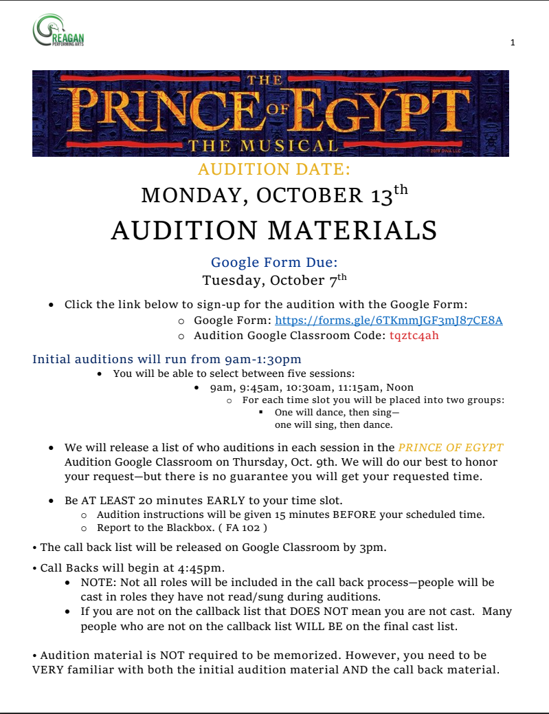 Reagan Stage Host Auditions for 'Prince of Egypt: The Musical'